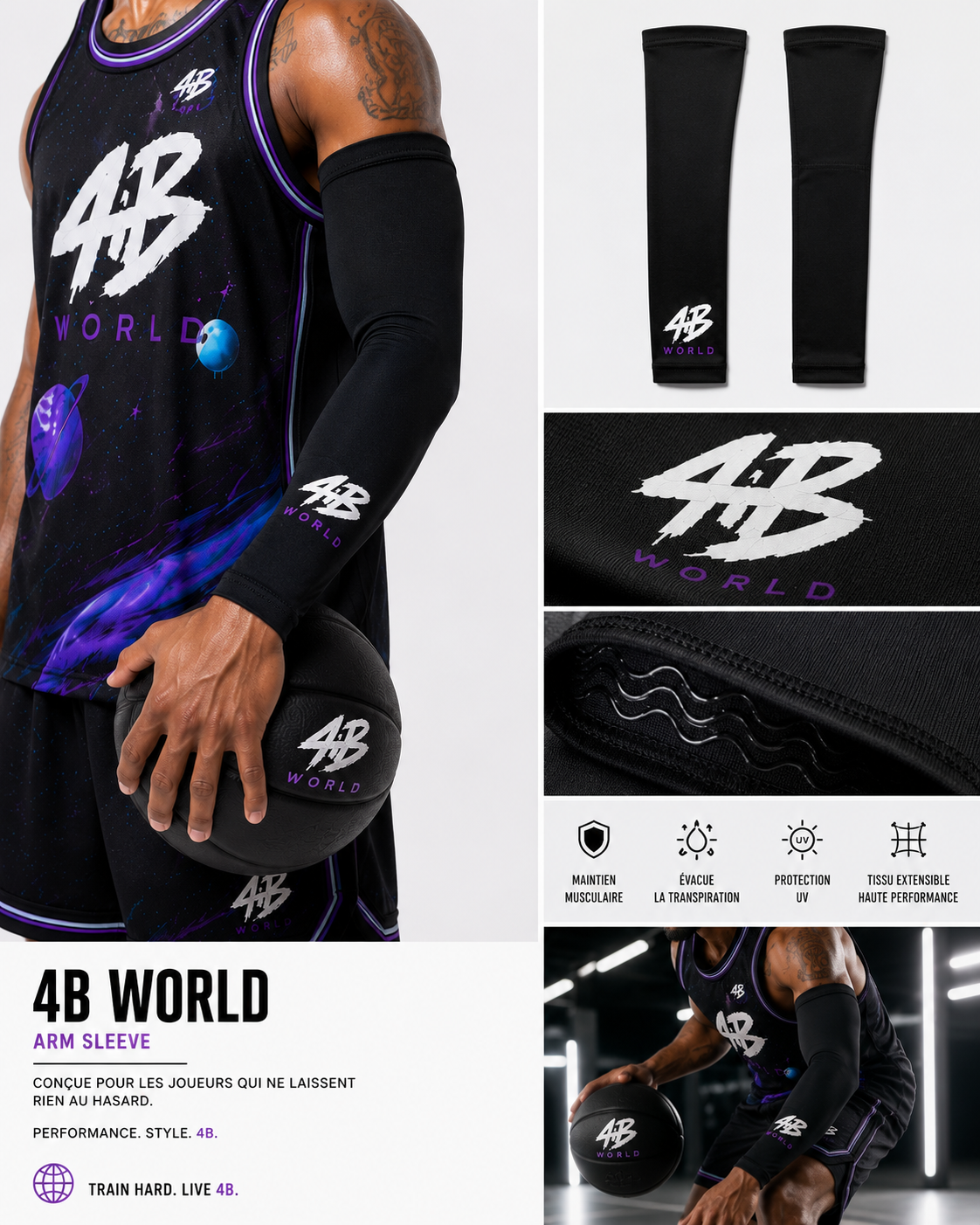 Manchons de Compression Bras Basketball 4B World – Noir