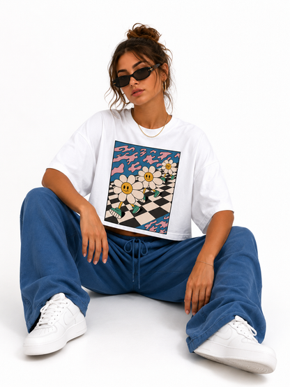 T-shirt crop top manches courtes "flowers smile"