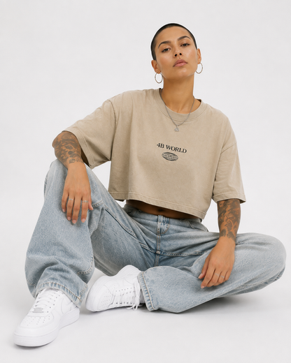 T-shirt Crop Top Oversize Femme 4B World – Worldwide Mindset – Beige